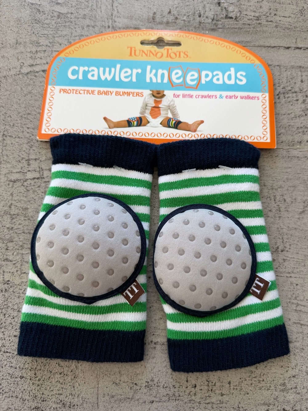 Green Stripe Crawler Knee Pads - Protective Kids Knee Cushions Age O+ One Size!